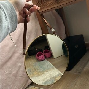 Round Gold Mirror with Brown Strap